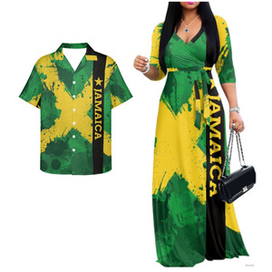 Abbigliamento Popolare Giamaicano, Completi Coordinati con Bandiera Giamaicana per Coppie, Set Eleganti di Abiti e Camicie Neri e Verdi per Uomini e Donne per Eventi - Product Image 1