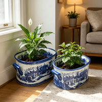 Set 2 Pot Tanaman Keramik Biru dan Putih Gaya Eropa dengan Pola Lanskap, Pot Oval dengan Pegangan Samping, cocok untuk foot bath