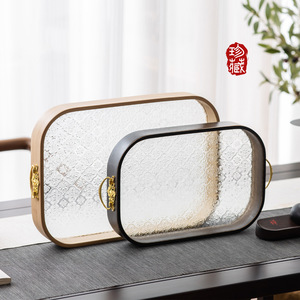 Bamboo Tea <b>Tray</b> With Tempered Glass Base Walnut Color Small Medium <b>Large</b> Size For Hotel Home Tea <b>Serving</b> - Product Image 2