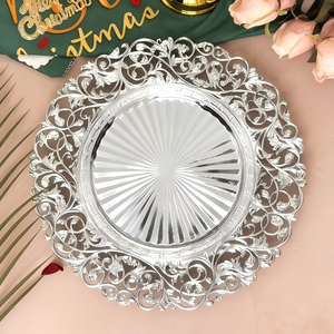 Nuevos Platos Decorativos Redondos de Plástico de 13 Pulgadas con Diseño de Flores Doradas y Plateadas <span class=keywords><strong>para</strong></span> Decoración de Mesa de Boda y Fiestas, Estilo Europeo - Product Image 1