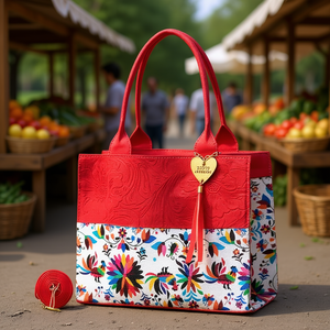 Bolso de mano de yute rojo para mujer Fana Dahina, tamaño mediano, estampado floral, para uso alimentario, con bolsillo con cremallera - Product Image 2