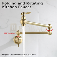 Robinet de cuisine mural doré brossé, double articulation, pivotant et pliable