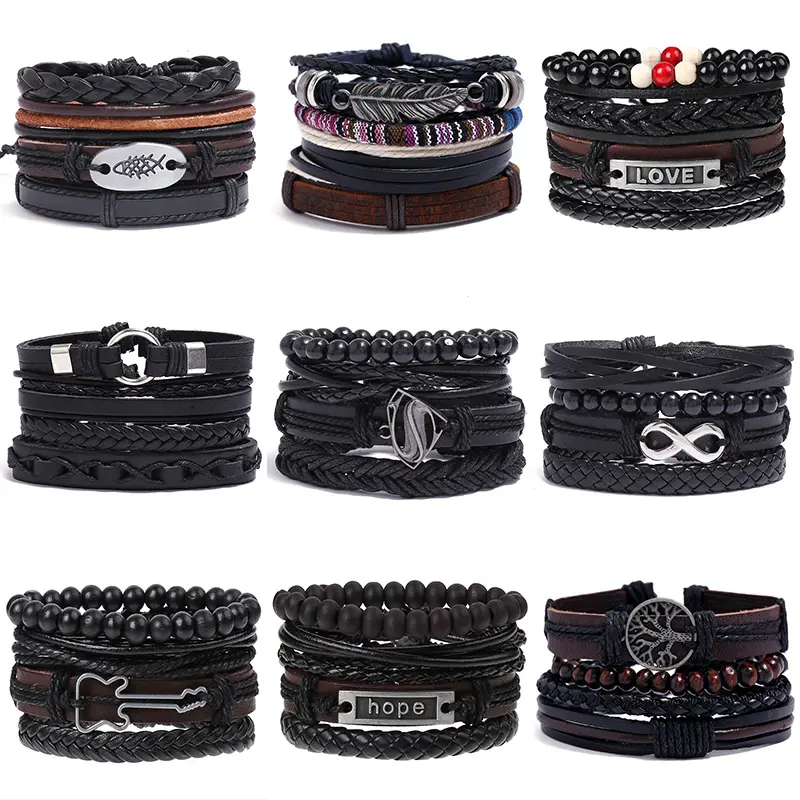 Al por mayor de 3-4 piezas Vintage de los hombres ancla de búho Multi-capa de abrigo negro de cuero pulsera Tribal para hombres