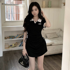 Women's Polo Collar Bodycon Dress Black Solid Color Contrast Neckline Tight Waist Short Skirt Summer Style - Product Image 1