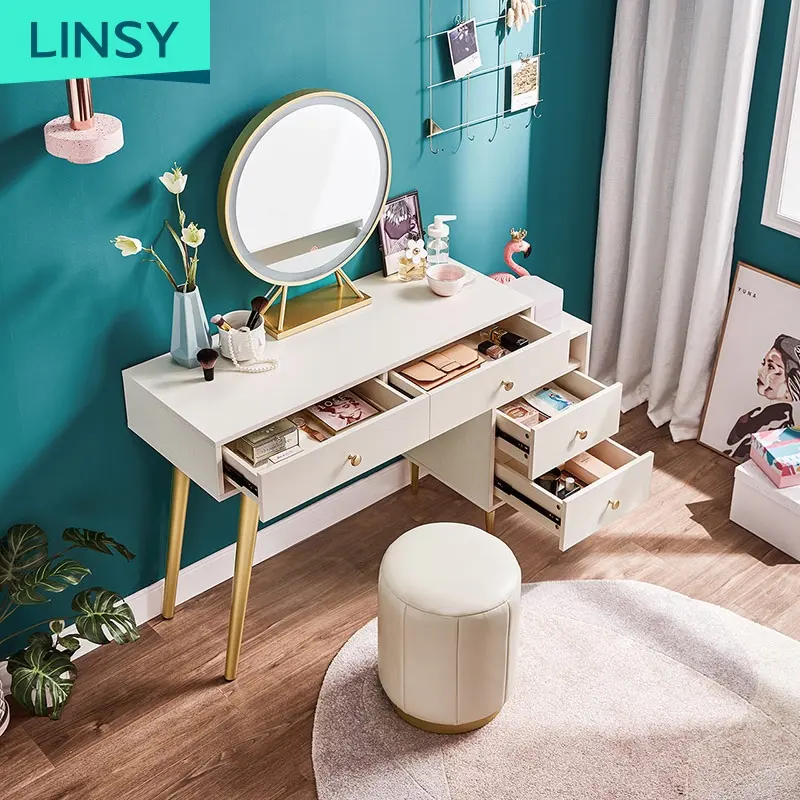 Linsy Nordic White Furniture Corner Mirrored Vanity Makeup Dressing Table With Lighted Mirror And Stool JF1C