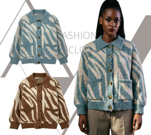 <span class=keywords><strong>Cardigan</strong></span> Invernale da Donna OEM ODM con Colletto a Polo e Motivo <span class=keywords><strong>Zebrato</strong></span>, Maglione Casual a Maniche Lunghe - Product Image 2