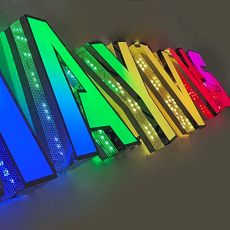 Voll farbige LED RGB Metall Seite beleuchtet Kanal Buchstaben Animation Zeichen Außenwerbung Front lit Beschilderung LED Licht Zeichen Buchstaben