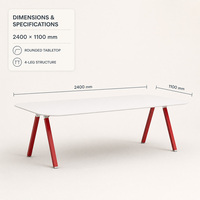 Table de conférence ovale blanche moderne avec pieds en métal rouge angulaires pour espace de bureau