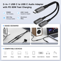 UNIEAN grosir 2 in 1 Tipe C ke 3.5MM PD60W kabel USB C pengisian cepat kabel Audio OTG adaptor untuk Android ke Iphone