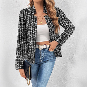 Chaqueta Cárdigan de Oficina de Alta Calidad para Mujer, Tejida, 100% Poliéster, Antiencogimiento, Cuello Mao, Manga Larga, Primavera Otoño, a Cuadros - Product Image 1