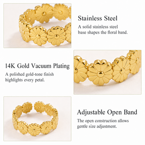แหวนสแตนเลสลายดอกเดซี่ ปรับขนาดได้ ชุบทอง 14K แบบสุญญากาศ ดีไซน์ฉลุลาย สีทองและสีเงิน - Product Image 3