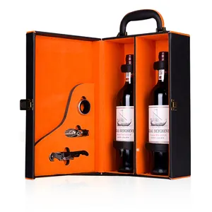Boîte à vin en cuir Pu emballage de noël Double bouteille de vin en verre ensemble cadeau avec accessoires de vin