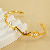 Bracelet ouvert pour femmes, plaqué or 18 carats, en acier inoxydable, imitation perle, 60 mm, bijoux rétro français