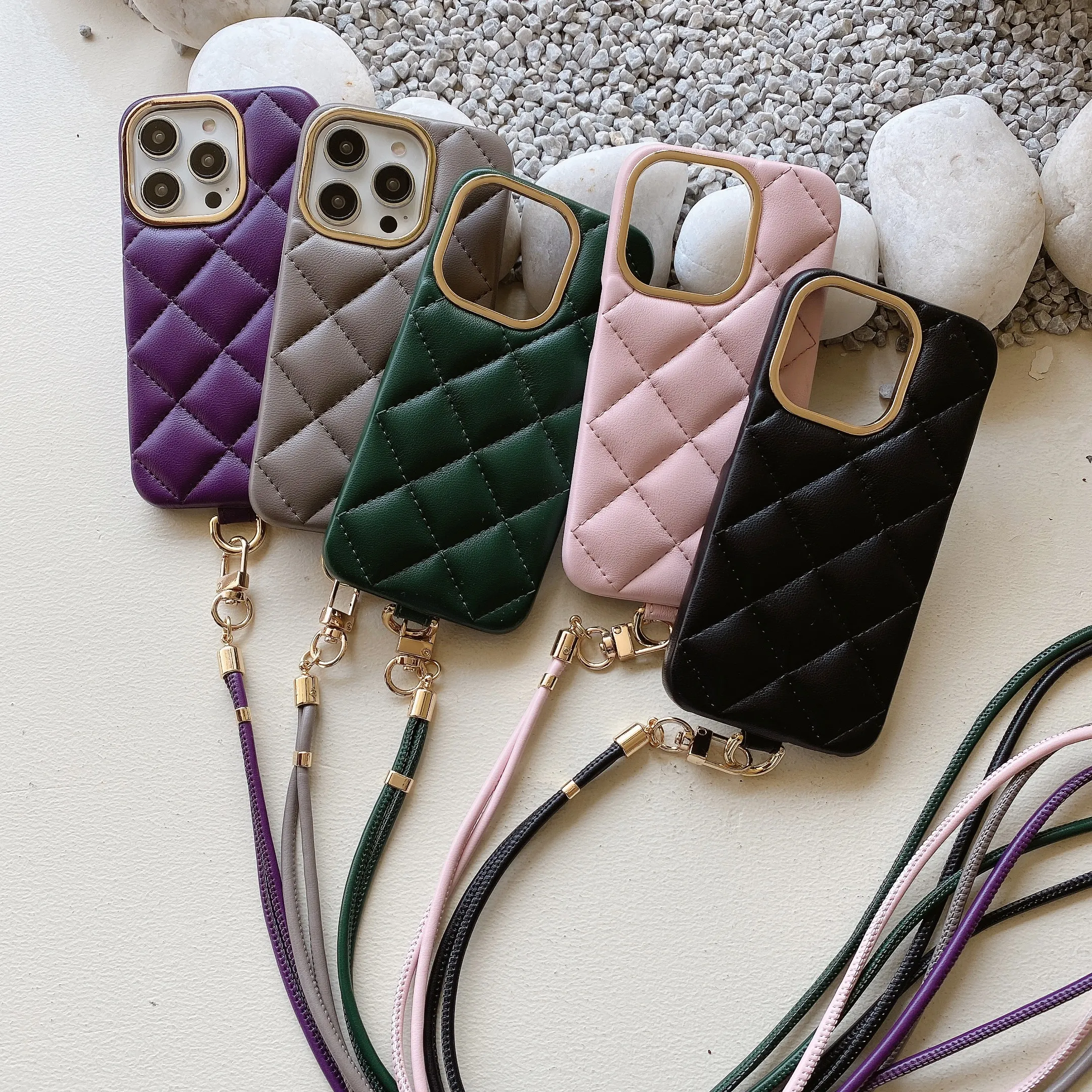 NEW Rhombus Luxury Fashion Lanyard Strap Leather Phone Case For iPhone 11 12 13 14 Pro Max PU Cover