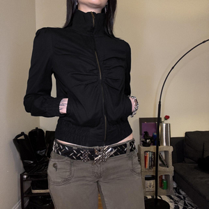 Chaqueta tejida con cuello alto y cremallera plisada de color liso para mujer, estilo Y2K, informal, versátil y a la moda. - Product Image 2