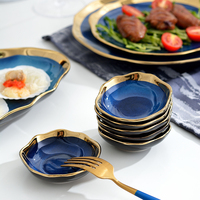 Service de table en céramique bleue nordique antique, vaisselle en porcelaine osseuse émaillée au four, ensemble de luxe avec bord doré
