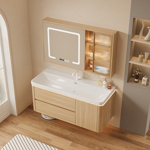 Mueble de baño estilo crema con esquinas redondeadas, lavabo de cerámica integrado, mueble de baño con lavabo. - Product Image 3