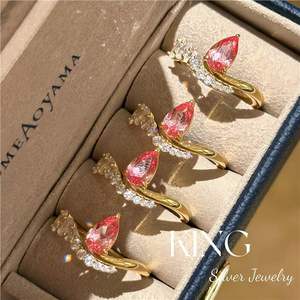 Anillo de Plata de Ley S925 con Baño de Oro en Forma de Lágrima, Diseño de Ondas de Loto Rosa, Joyería de Moda para Mujer - Product Image 1