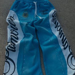 Pantalon de jogging en coton épais à double couche avec logo personnalisé brodé, taille élastique, coupe ample et patchwork - Product Image 4