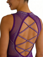 Justaucorps de gymnastique pour enfants à dos découpé orné de strass scintillants, 100 % nylon, violet, tenue d'entraînement