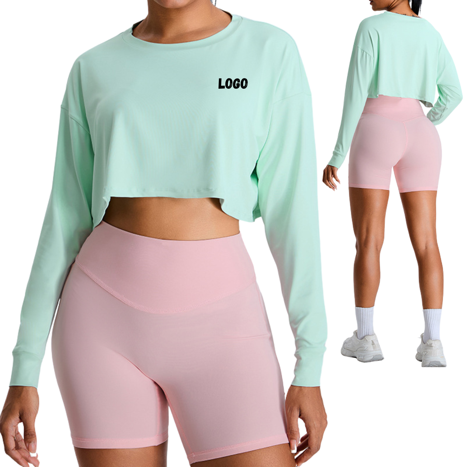 Fashionable Women Cropped Long-Sleeve Workout Top High-Waisted Yoga Round Neck Casual Loose Sportswear Top