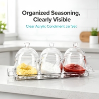 Ensemble de pots à condiments en acrylique transparent de qualité alimentaire |   Couvercle anti-poussière, cuillère et plateau inclus |   Organisateur d'épices et de sauces pour la maison, la cuisine et le restaurant