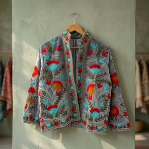 Floral Embroidered Velvet <b>Jacket</b> <b>Women</b> Mandarin Collar Open Front Boho Style <b>Spring</b> Outerwear Full Sleeve Handmade Design - Product Image 1