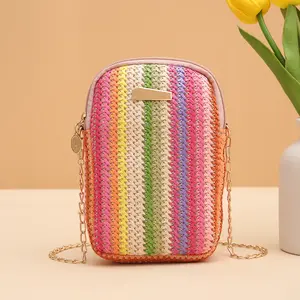All crossbody rainbow color straw 2024girl handbags woven mobile phone bag