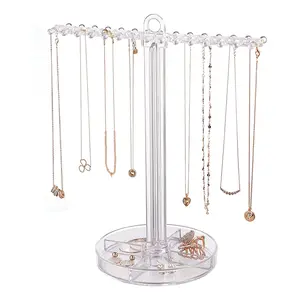 Vente en gros, présentoir de bijoux suspendus en plastique transparent, organisateur de stockage avec support inférieur divisé pour 30 colliers individuels