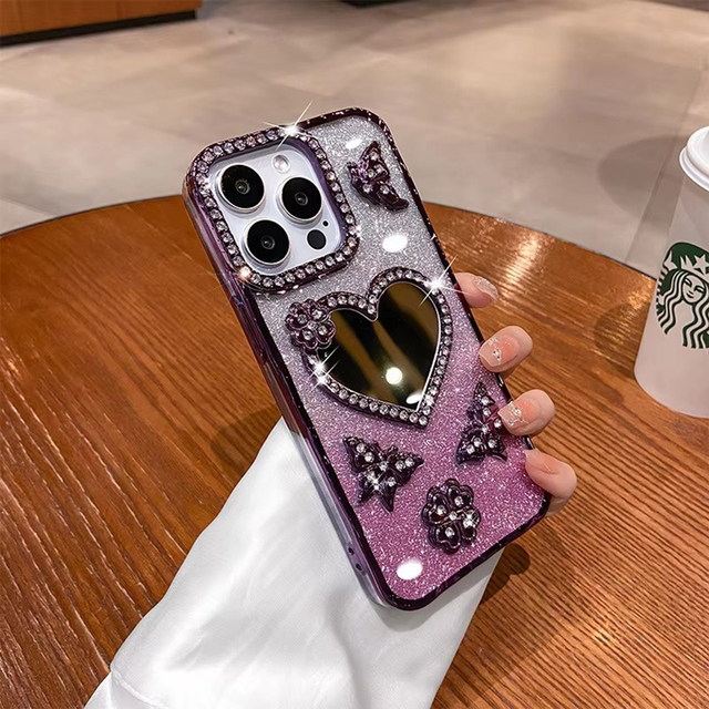Luxury Shining Love Mirror Water Diamond Electroplating Flash Powder TPU Phone Case for iPhone 15 Pro Max 17Air 16E 14 13 12 Pro