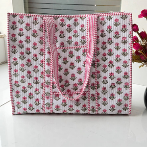 Bolso de compras de algodón hecho a mano con estampado de bloque de mano, bolso de mano para mujer, bolso de hombro acolchado con estampado de bloque hecho a mano - Product Image 1