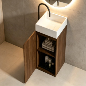 Mueble de Baño <span class=keywords><strong>con</strong></span> Lavabo de Cerámica y <span class=keywords><strong>Pedestal</strong></span> de Almacenamiento, Estilo Nórdico, <span class=keywords><strong>con</strong></span> Acabado en Madera de Nogal - Product Image 5