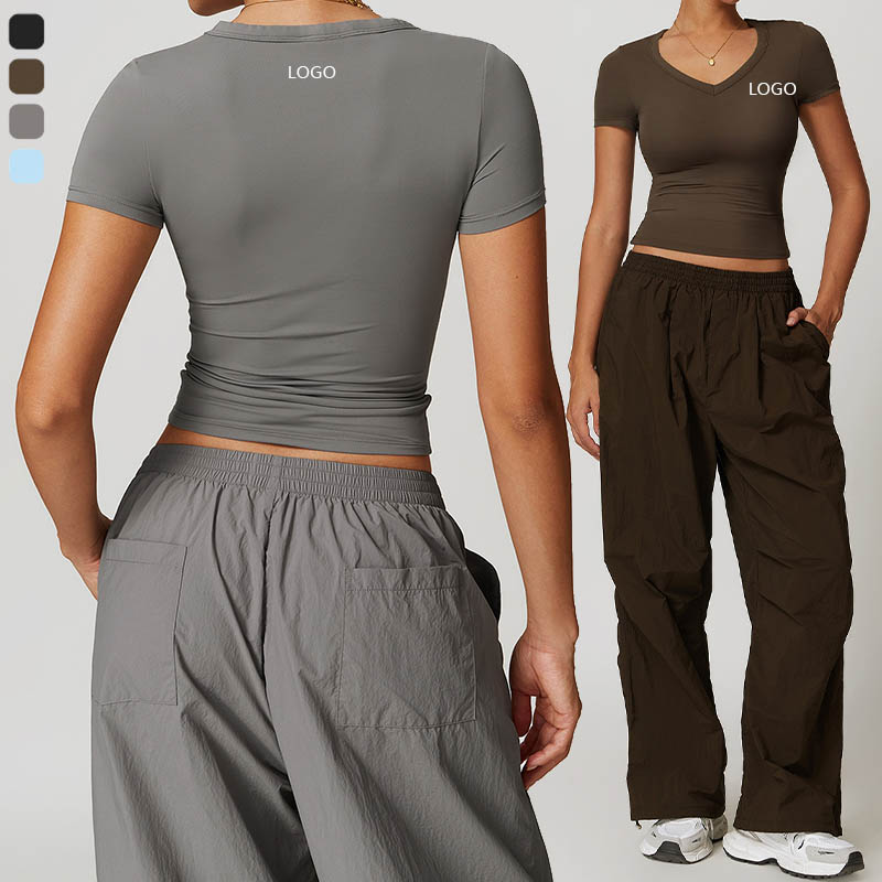 G Top-DDX8694-2 Breathable Short Sleeve Tops V Neck Sportswear T-Shirt Strength Training Yoga Crop Tops for Women