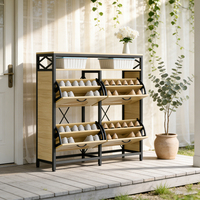 Meuble à chaussures multifonctionnel moderne à plusieurs compartiments, panneaux tissés décoratifs, étagère supérieure ouverte, construction en bois massif