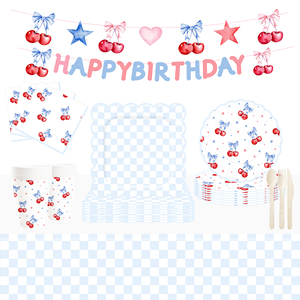 DAMAI Fournitures de fête d'anniversaire cerise, ensemble de vaisselle jetable sur le thème des fruits pour baby shower, assiettes et serviettes en papier pour fête cerise - Product Image 1