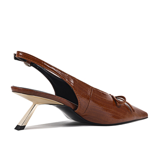 Zapatos de tacón fino dorados con correa trasera recortada para mujer, sandalias de vestir con punta y lazo frontal - Product Image 5