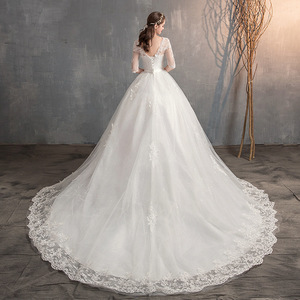 Wedding Dress With Train V Neck Lace High Waist European Style Simple Long Sleeve Summer White Floor Length - Product Image 4