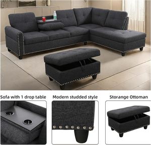 <strong>Gray</strong> L-Shaped Reversible Modular <strong>Sofa</strong> <strong>Bed</strong> Sponge Nail-Head Design Ottoman Storage Modern Villa Living Room Bedroom Apartment Use - Product Image 4
