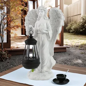 Statua da Giardino di Angelo in Resina Bianca <span class=keywords><strong>con</strong></span> Lanterna Solare Sospesa, Scultura di Angelo <span class=keywords><strong>con</strong></span> Colomba, Decorazione per Cimitero e Giardino - Product Image 3