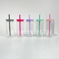 Gobelet en verre à double paroi de style américain pré-percé 15oz/12oz avec couvercle en plastique coloré et paille, personnalisable avec logo pour sublimation