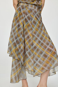 Jupe longue décontractée et tendance pour femme, respirante, naturelle, d'été, tissée, avec fermeture éclair, marron à carreaux - Product Image 2