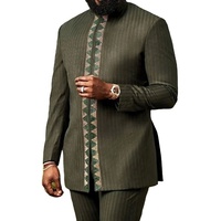 Ensemble de costume 2 pièces pour homme, style africain et moyen-oriental, en polyester, chemise à manches longues et pantalon, broderie ethnique, motif géométrique, collection printemps