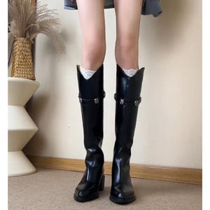 En stock Bottes à talon épais et souples pour femmes Bottes hautes à talon haut Bottes hautes jusqu'au genou Automne-hiver 2025 Bottes d'équitation noires plissées - Product Image 5