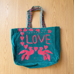 <b>Teal</b> Velvet Embroidered Tote Bag Love Design Birds Pattern Durable Zipper Closure Normcore/Minimalist for Shopping Daily Use - Product Image 3