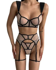Erotische Outfits 2024 Zwarte Lingerie Sexy Kostuum Lichaamskleur Huid Sexy Fantasie Vrouwen Transparant Frans Ondergoed