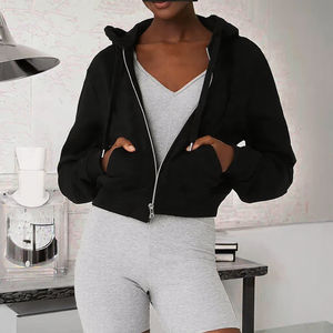 Manufacturer's Casual Cropped <b>Hoodie</b> for Women 100% Cotton Custom Logo Blank Plain <b>Black</b> <b>Zip</b>-<b>up</b> High Anti-Shrink Knitted - Product Image 3