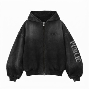 Sudadera con capucha extragrande para hombre con cremallera, estilo urbano vintage, con estampado serigrafiado de marca privada, efecto Monkey Washed, de tejido grueso y bordado plano - Product Image 1