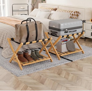 Walnut Folding <b>Suitcase</b> Stand with <b>Storage</b> with Shoe Shelf Shelf Acacia Wood Frame Folding <b>Suitcase</b> Stand for Guest Room - Product Image 1