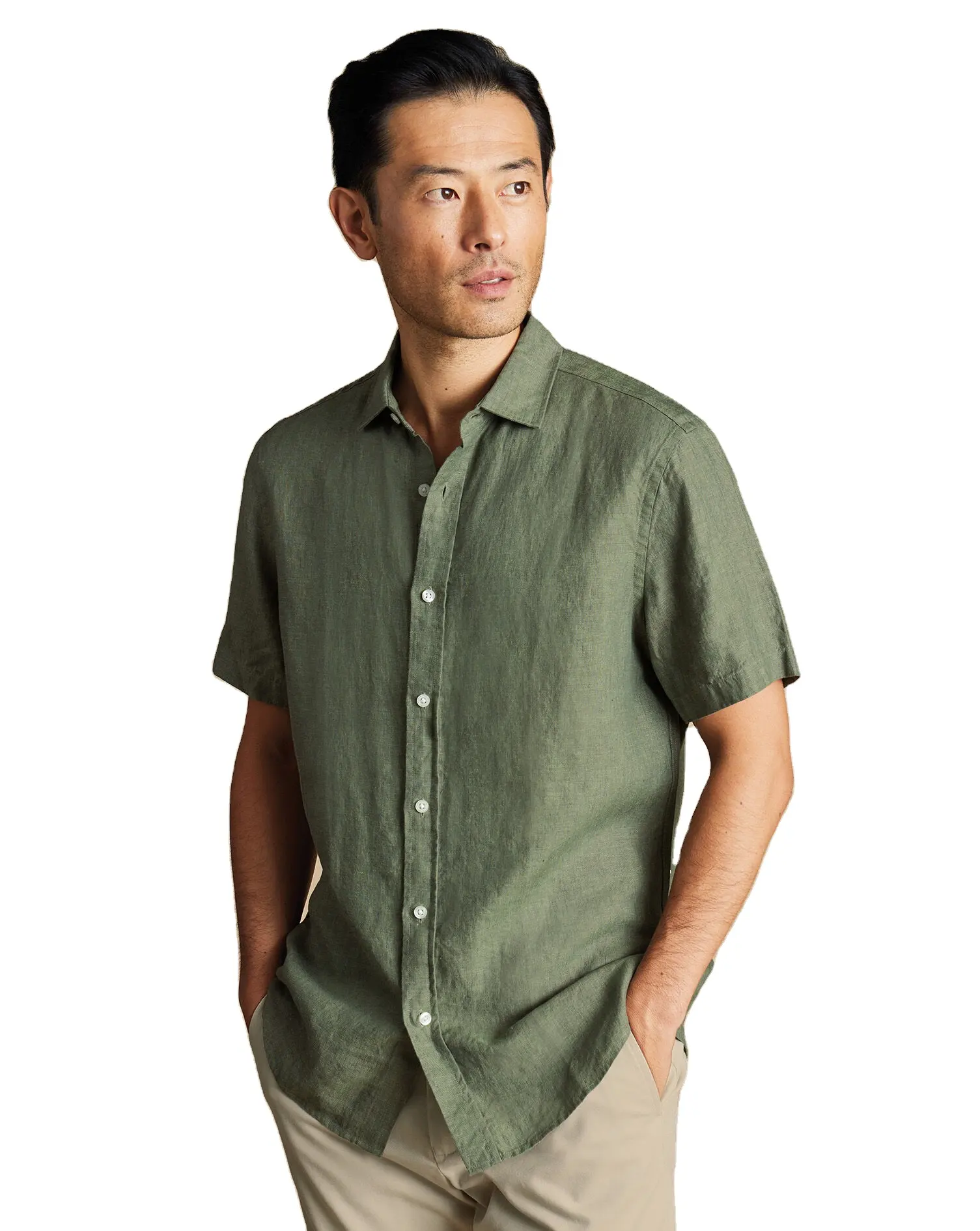 Manufacturer Wholesale Men's Casual Pure Linen Short Sleeve Shirt Olive Green Elegant Styles Quick Dry Breathable Spring Summer