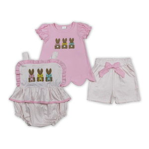ชุดเสื้อผ้าเด็กผู้หญิงลายกระต่ายปักสีชมพู กางเกงขาสั้นลายจุด สำหรับเทศกาลอีสเตอร์ - Product Image 1